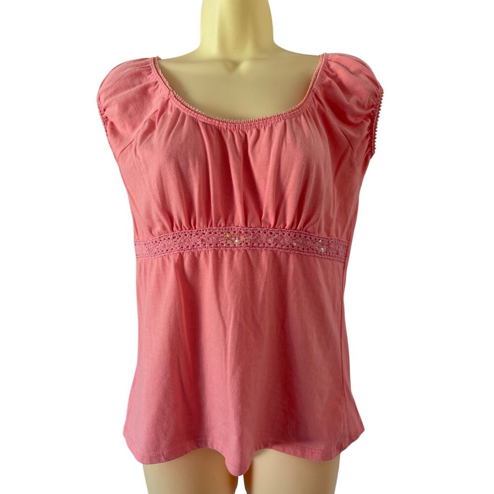 Allyson Whitmore Y2K Pink Milkmaid Babydoll Knit Top Size Medium Lace Sequin